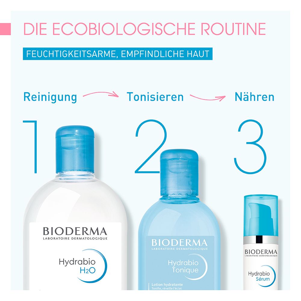 Tre prodotti Bioderma Hydrabio: H2O, Tonique e Siero.