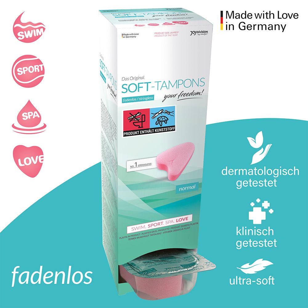Confezione di tamponi morbidi rosa. Testo: Das Original SOFT-TAMPONS, normal. Testato dermatologicamente e clinicamente. Made in Germany.