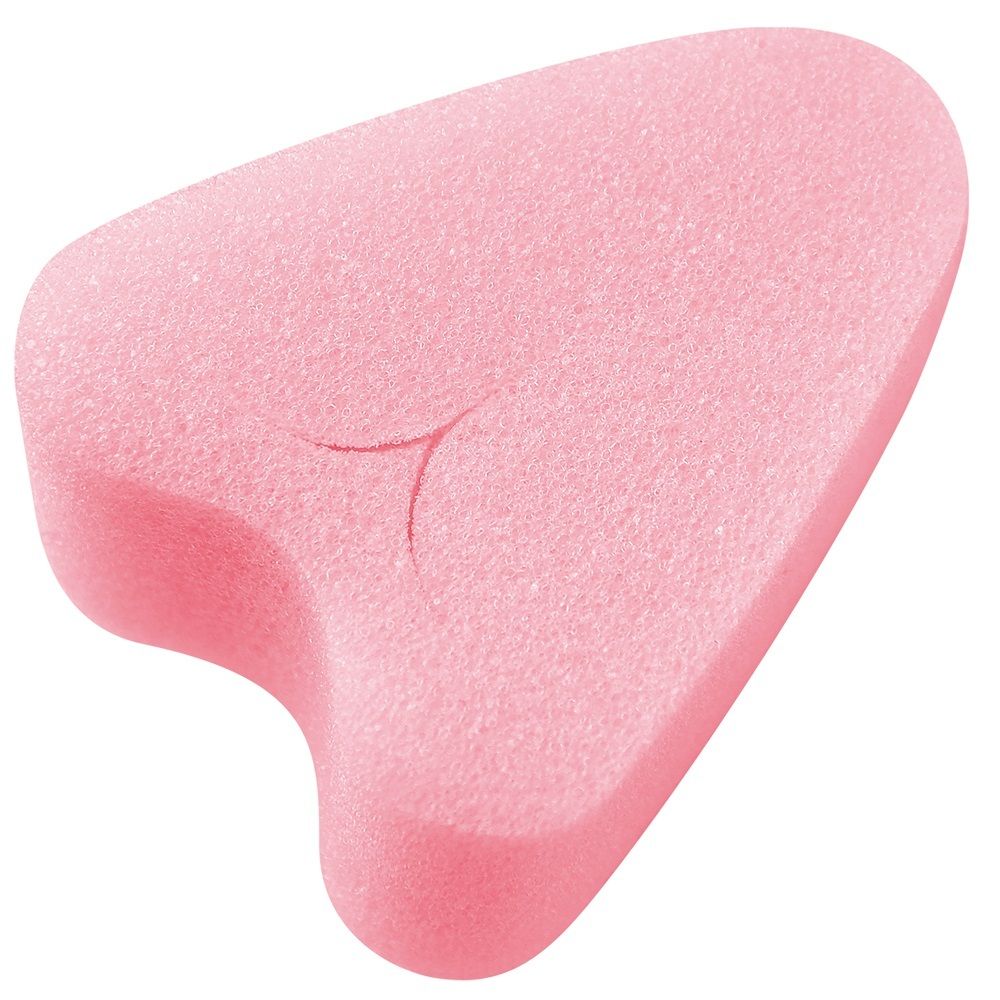 Soft-Tampon rosa, a forma di cuore, senza filo. Superficie porosa, con una piccola incisione.