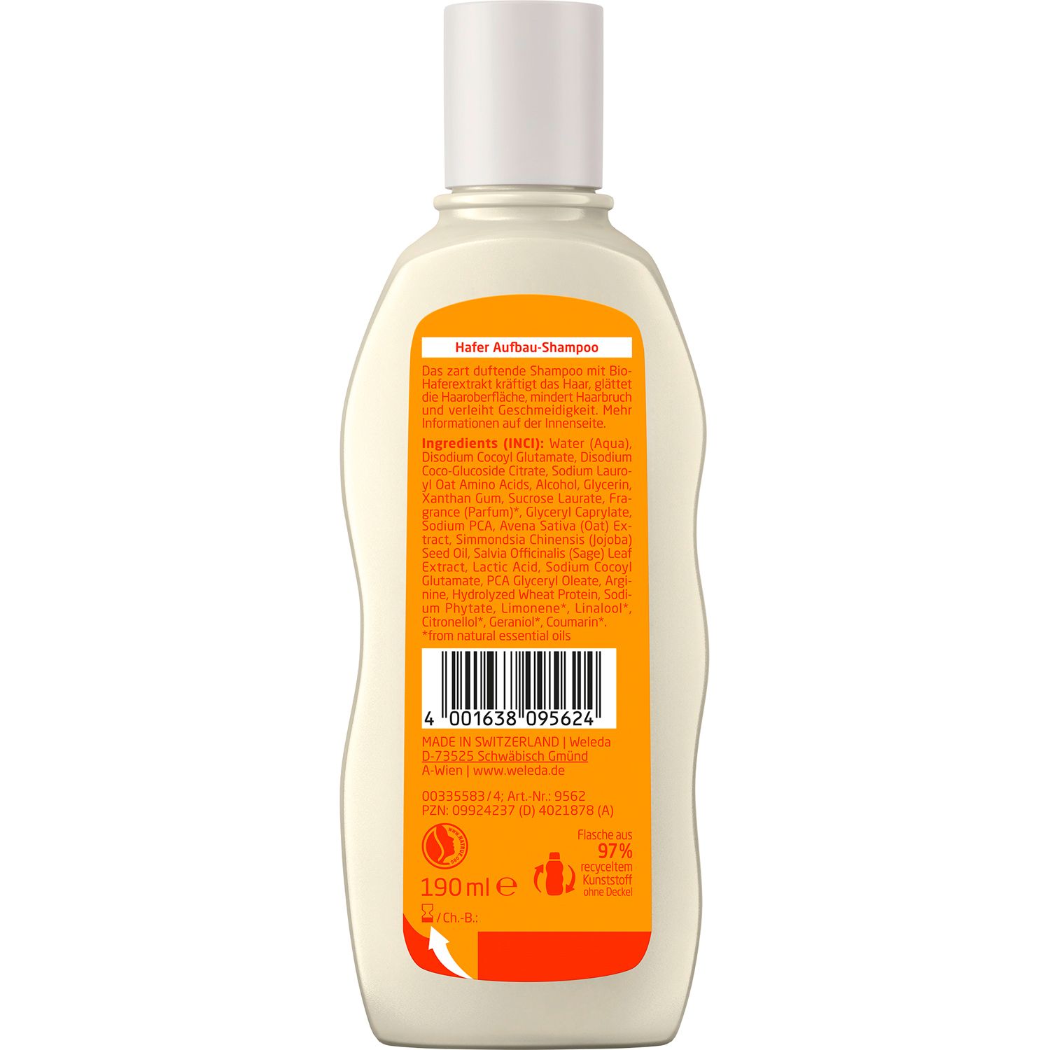 Retro del flacone di shampoo. Ingredienti, informazioni produttore e codice a barre.