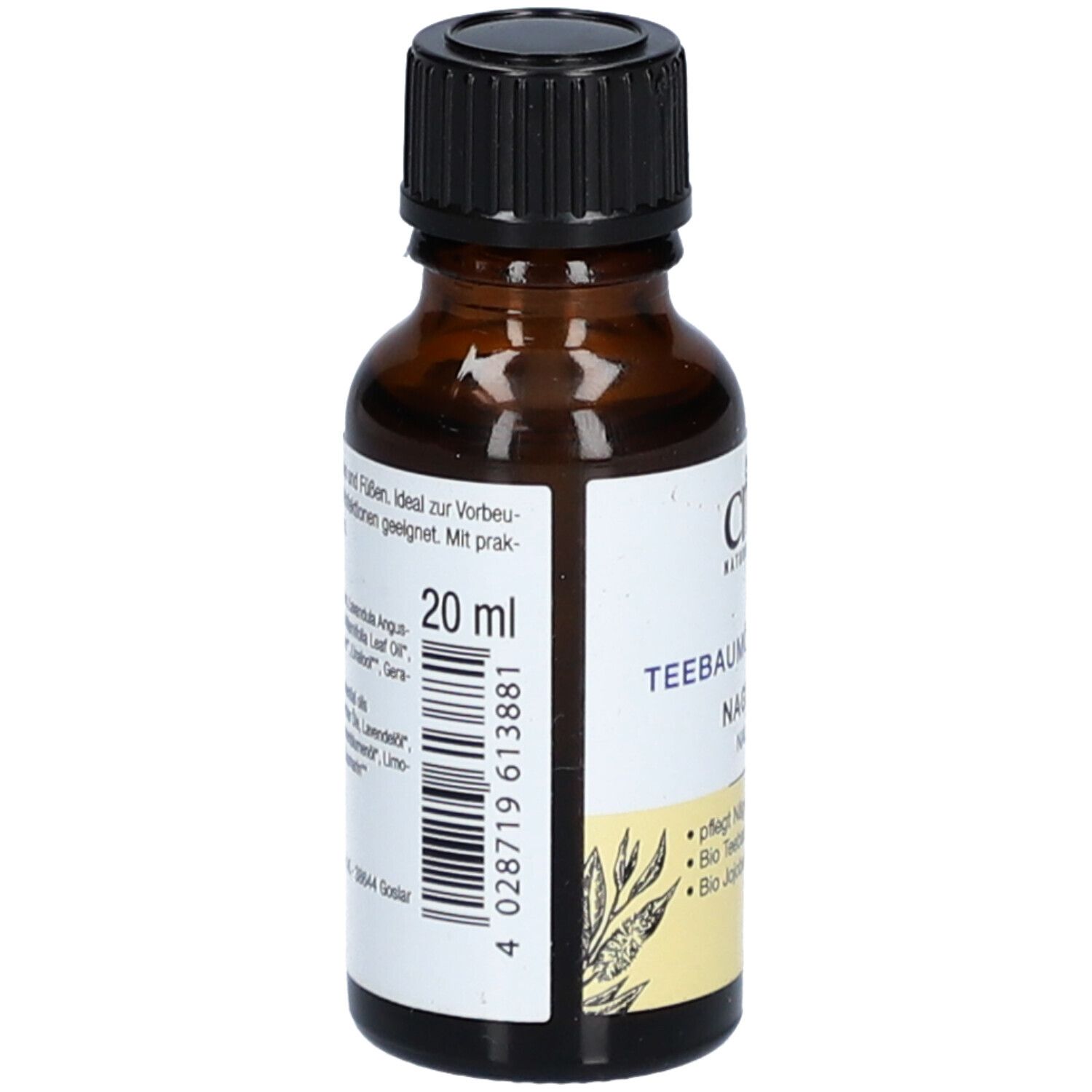 Flacone di vetro marrone con tappo nero. Etichetta con CMD Naturkosmetik, Teebaumöl Classic Nagelöl. 20 ml. Codice a barre.