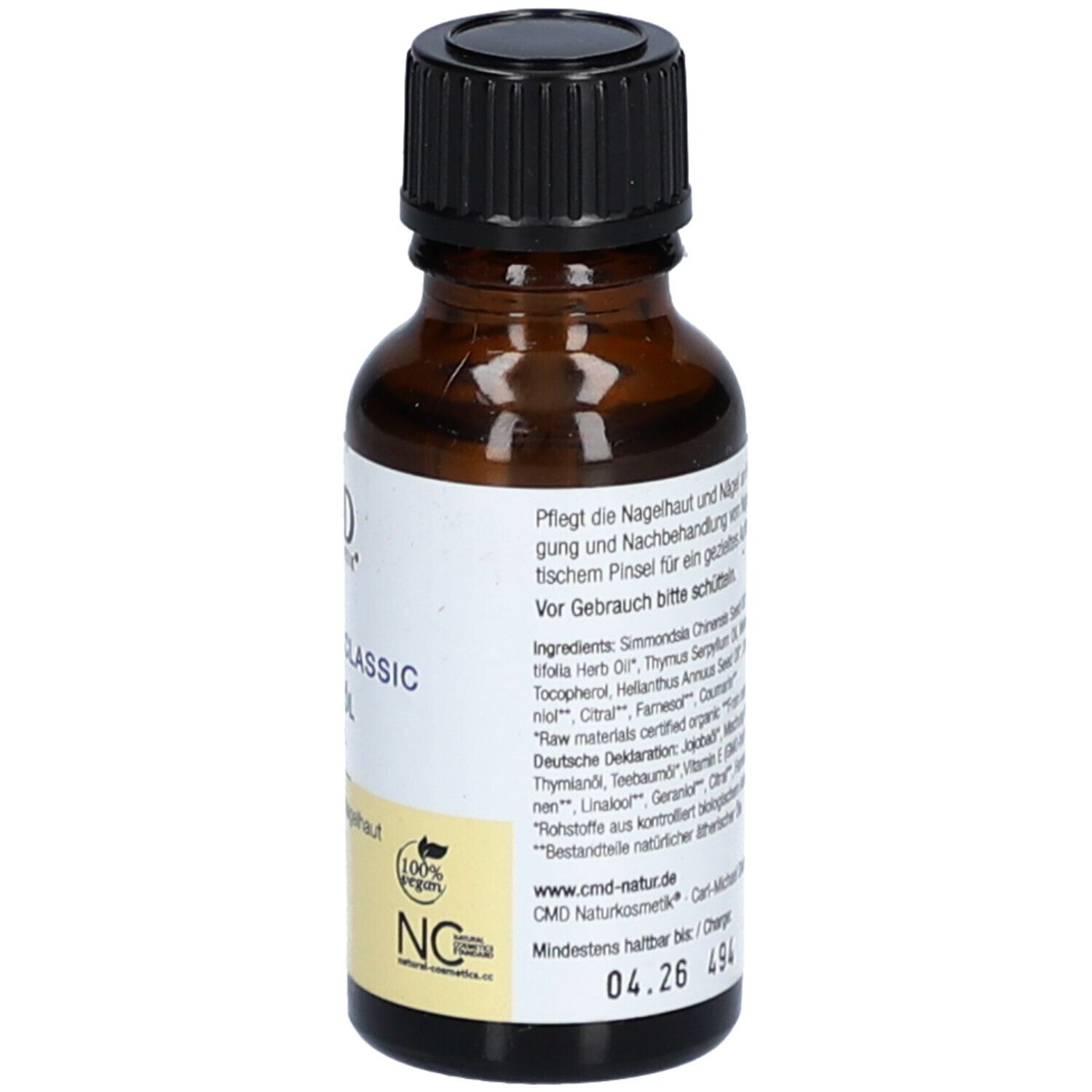 Flacone di vetro marrone con tappo nero. Etichetta con ingredienti e CMD Naturkosmetik. Sigillo vegano. Da consumarsi preferibilmente entro 04.26.