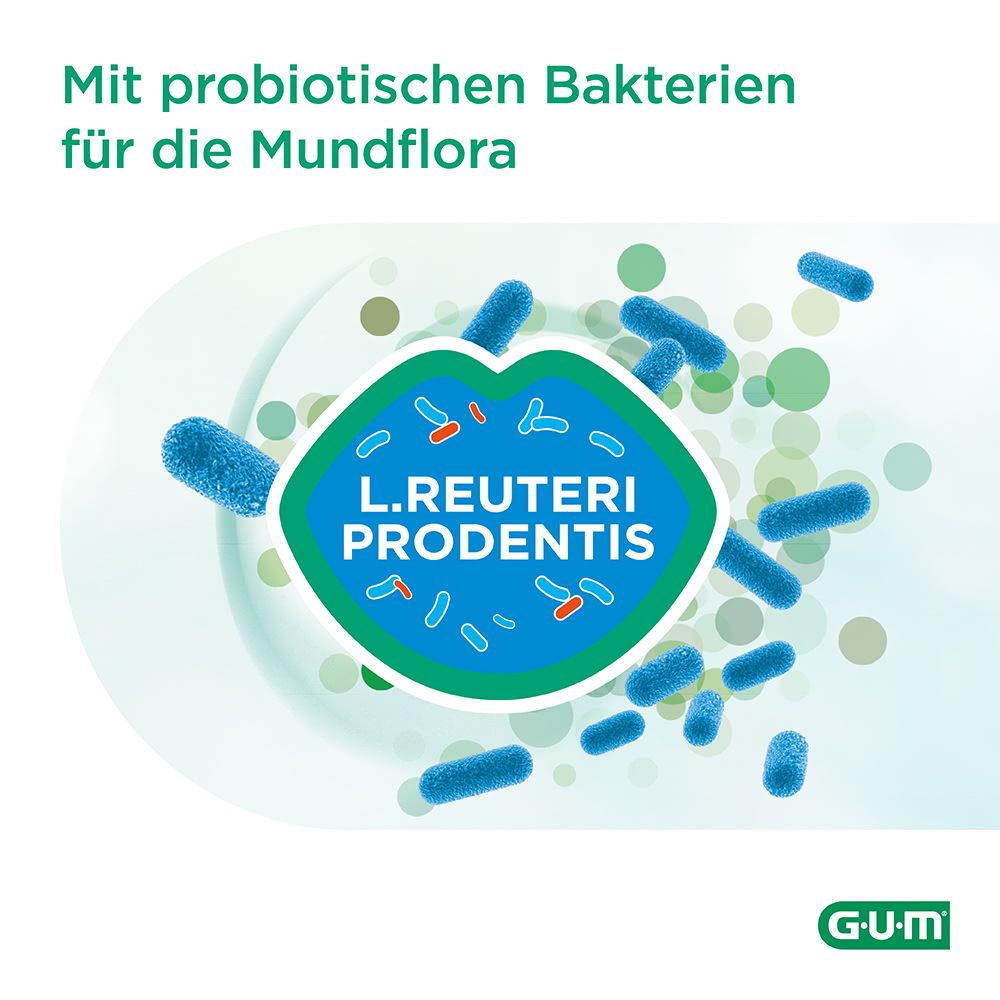Illustrazione di batteri e labbra. Testo: Con batteri probiotici per la flora orale. Logo GUM.