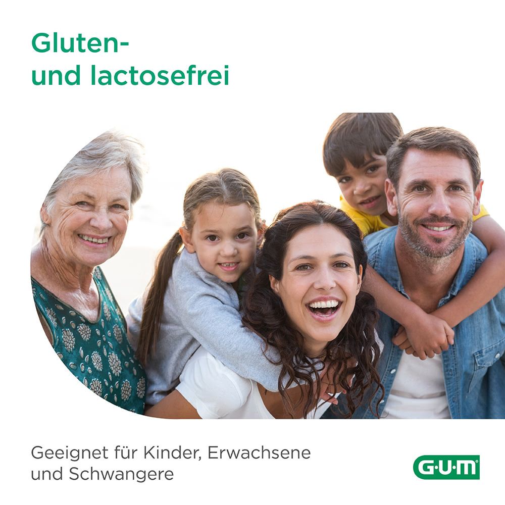 Famiglia sorridente. Testo: Senza glutine e lattosio. Adatto a bambini, adulti e donne incinte. Logo GUM.