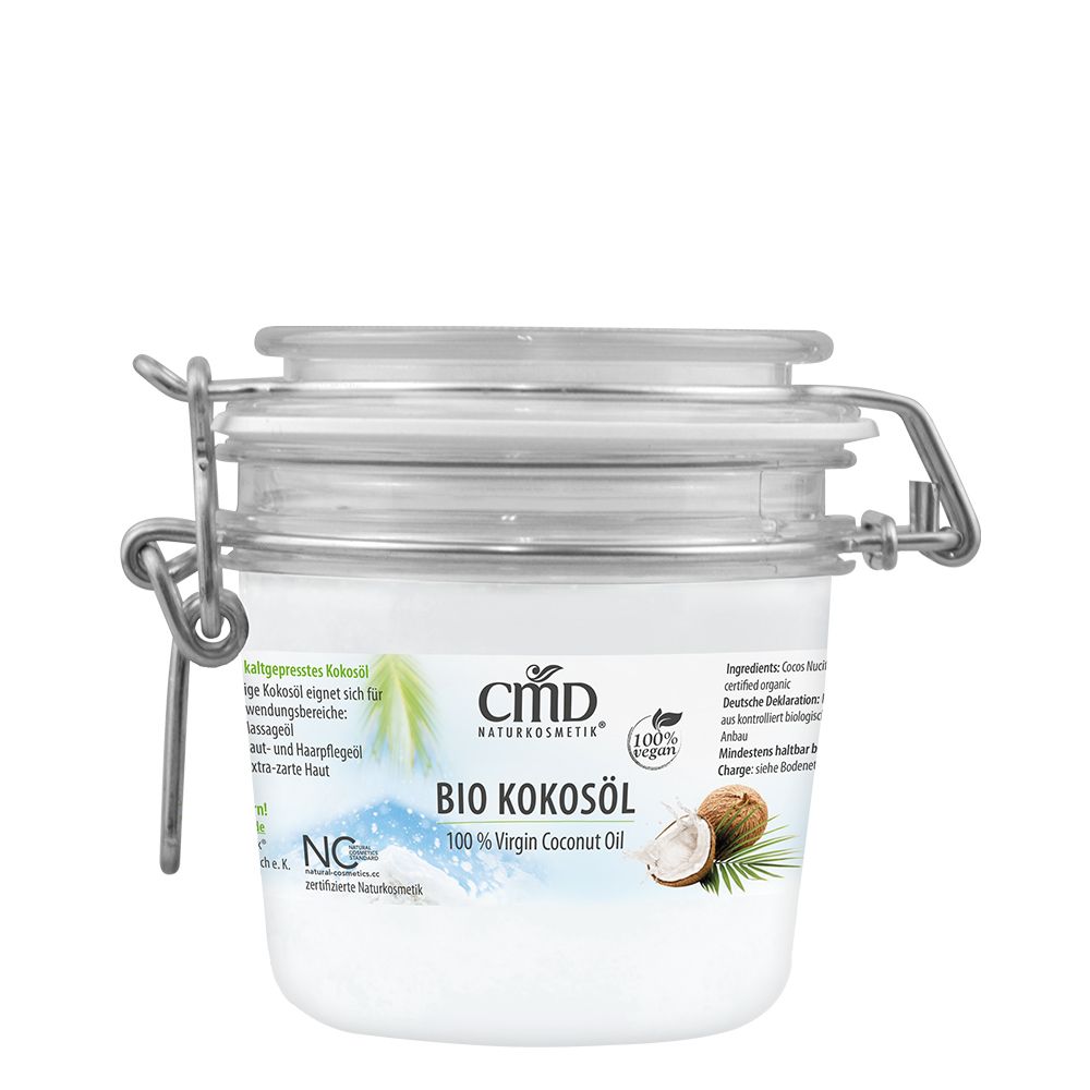 Barattolo di vetro con coperchio e chiusura a staffa. Scritta: BIO KOKOSÖL. 100% Virgin Coconut Oil. Logo: CMD Naturkosmetik. Illustrazione di cocco.