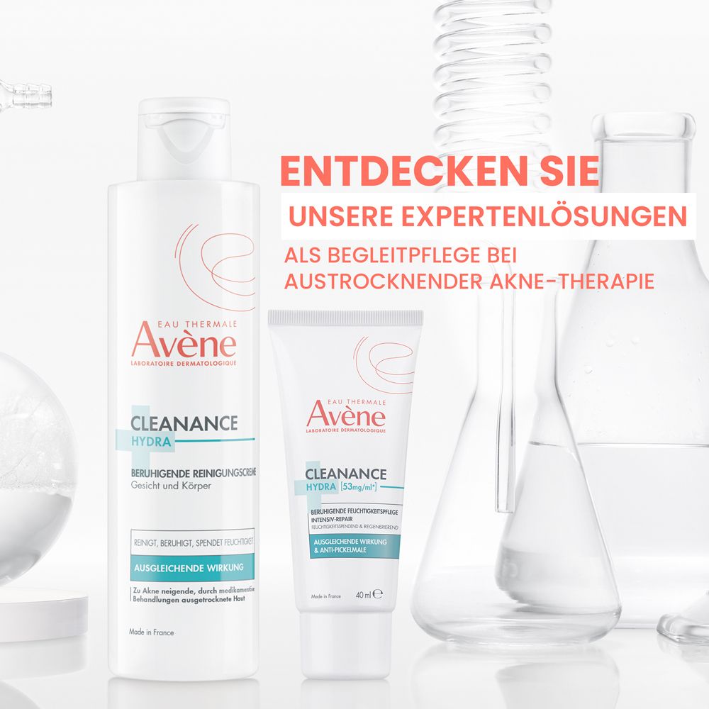Gel detergente e crema idratante Avene Cleanance Hydra per terapia dell'acne.