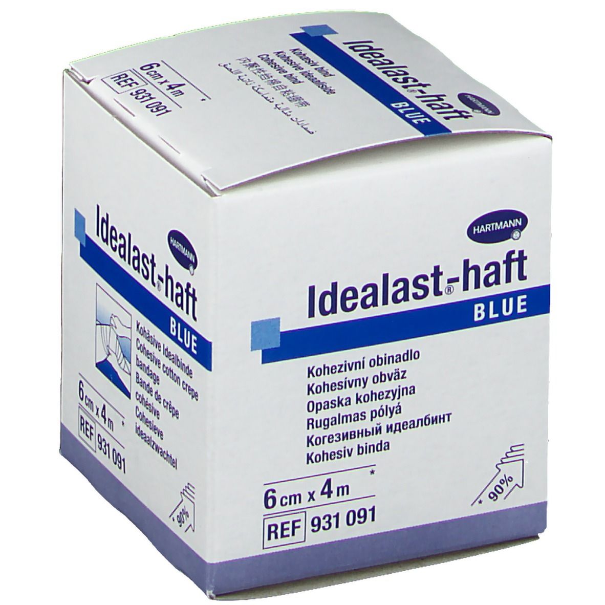 Confezione bianca Hartmann Idealast-haft BLUE. Scritta blu. 6cm x 4m. Benda coesiva.