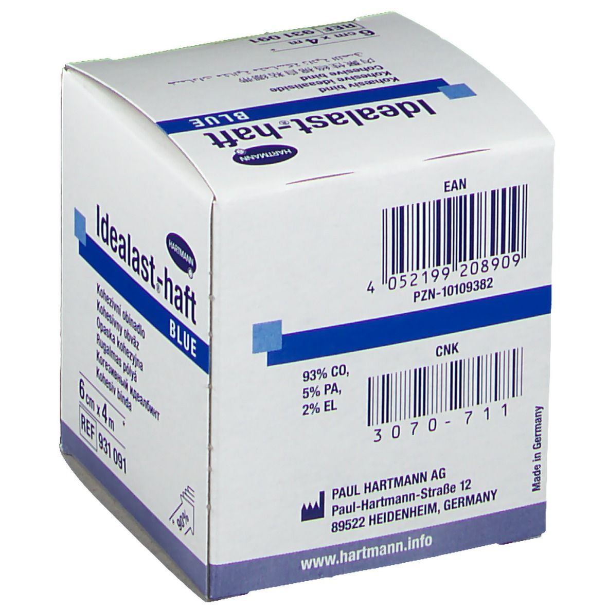 Confezione bianca Hartmann Idealast-haft BLUE. Scritta blu. 6cm x 4m. Codice a barre e testo.