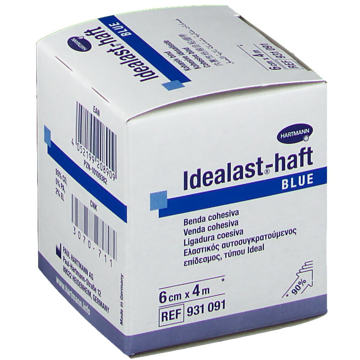 Confezione bianca Hartmann Idealast-haft BLUE. Scritta blu. 6cm x 4m. Benda coesiva.