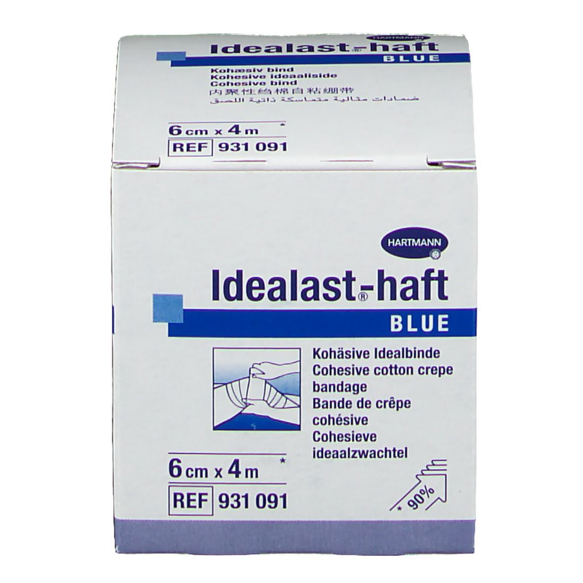 Confezione bianca Hartmann Idealast-haft BLUE. Scritta blu. 6cm x 4m. Benda coesiva.