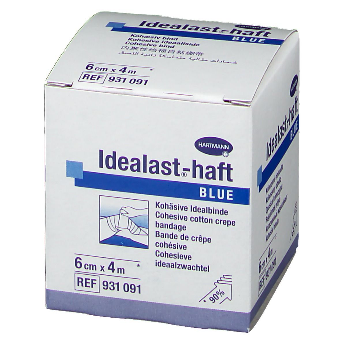 Confezione bianca Hartmann Idealast-haft BLUE. Scritta blu. 6cm x 4m. Benda coesiva.