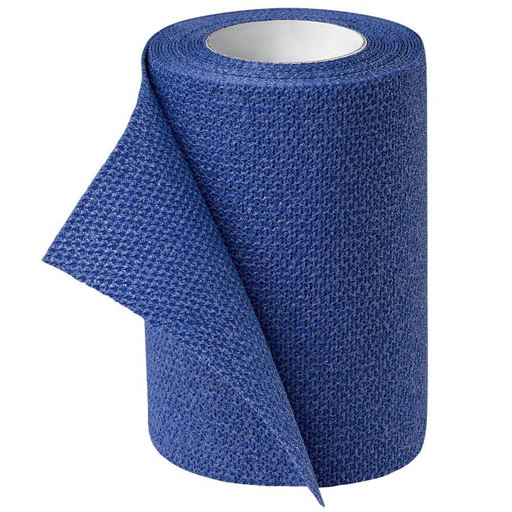 Benda coesiva blu arrotolata. Tessuto visibile. Anima bianca. Parzialmente srotolata.