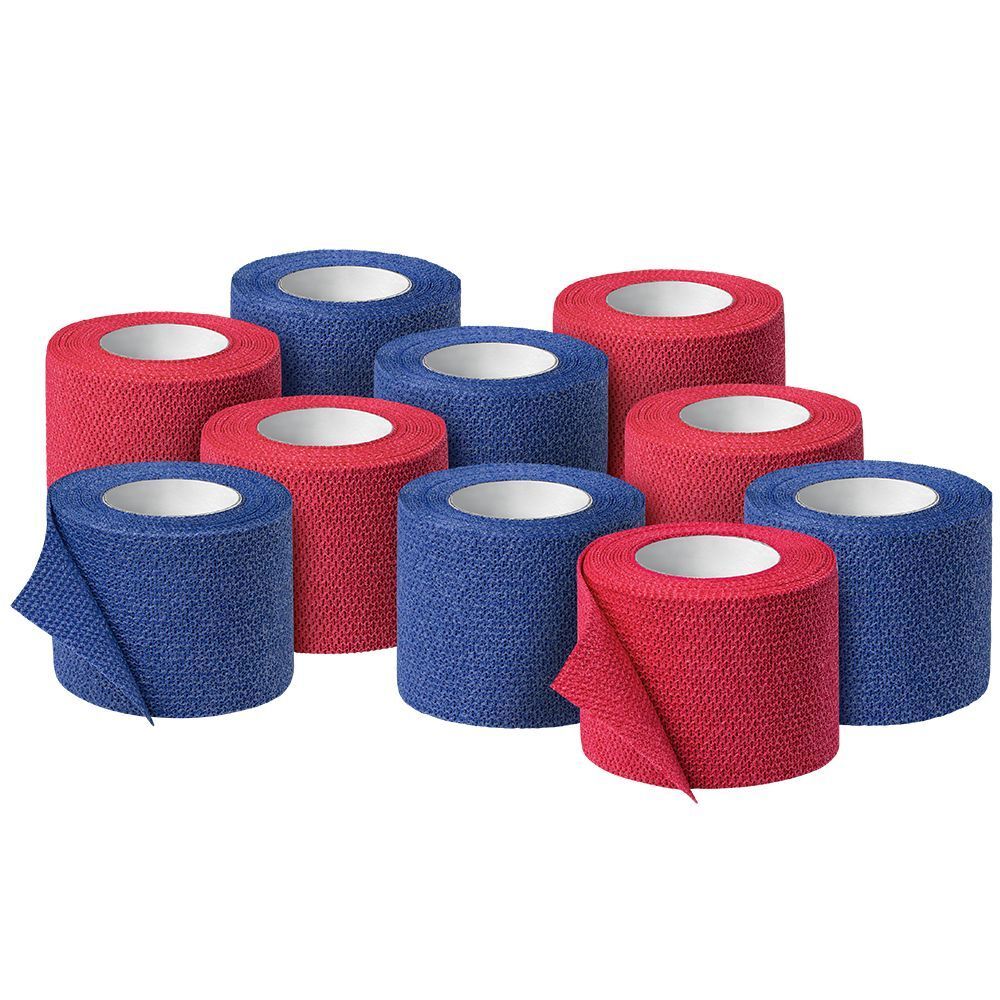 Diverse bende Idealast-haft rosse e blu arrotolate. Alcuni rotoli mostrano l'estremità. Sfondo bianco.