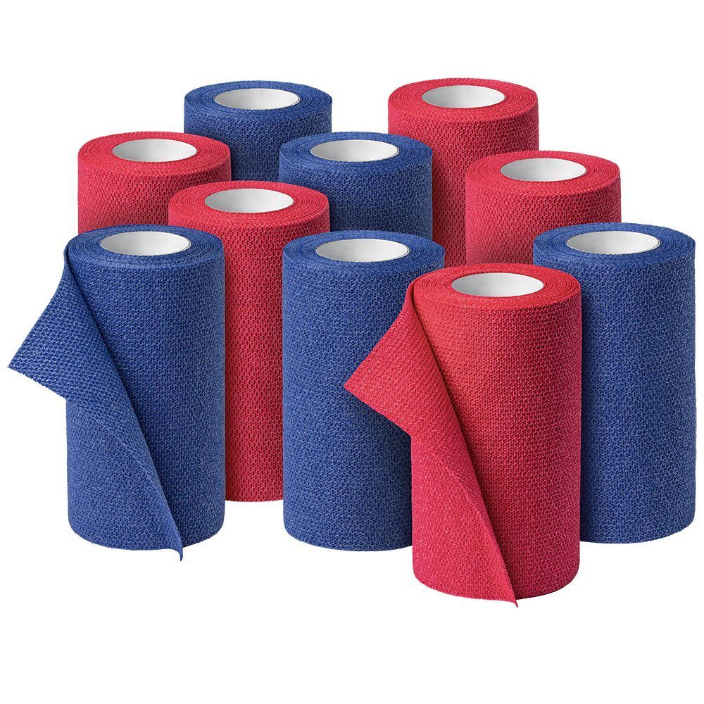 Dieci rotoli Idealast-haft, blu e rossi. Alcuni rotoli sono parzialmente srotolati, mostrando la trama del materiale.