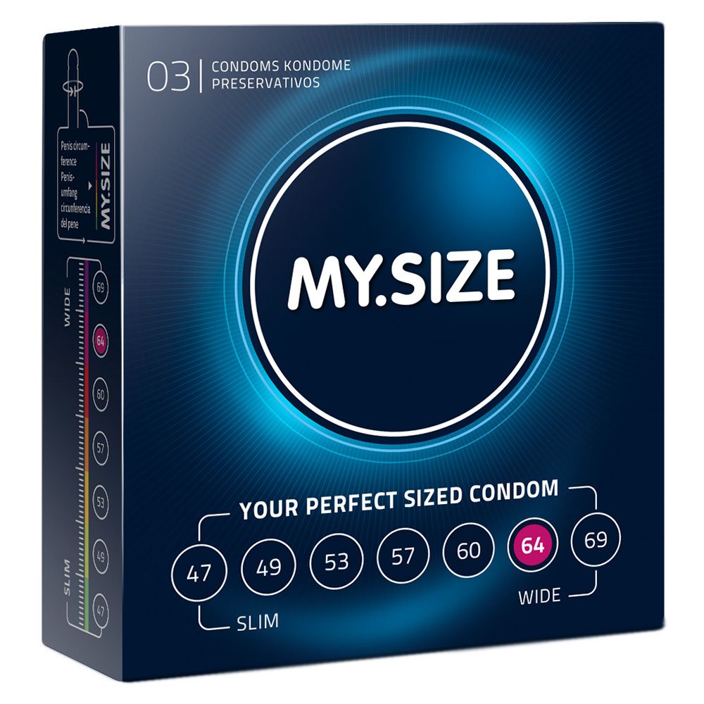Confezione di preservativi MY.SIZE 64, con indicazione della taglia 64mm.
