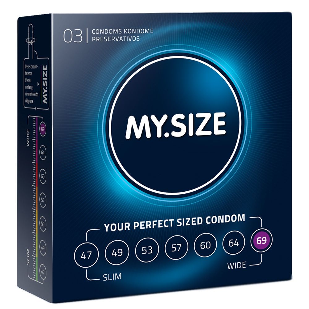 Confezione da 3 preservativi MY.SIZE 69. Mostra le taglie da 47 a 69 mm.