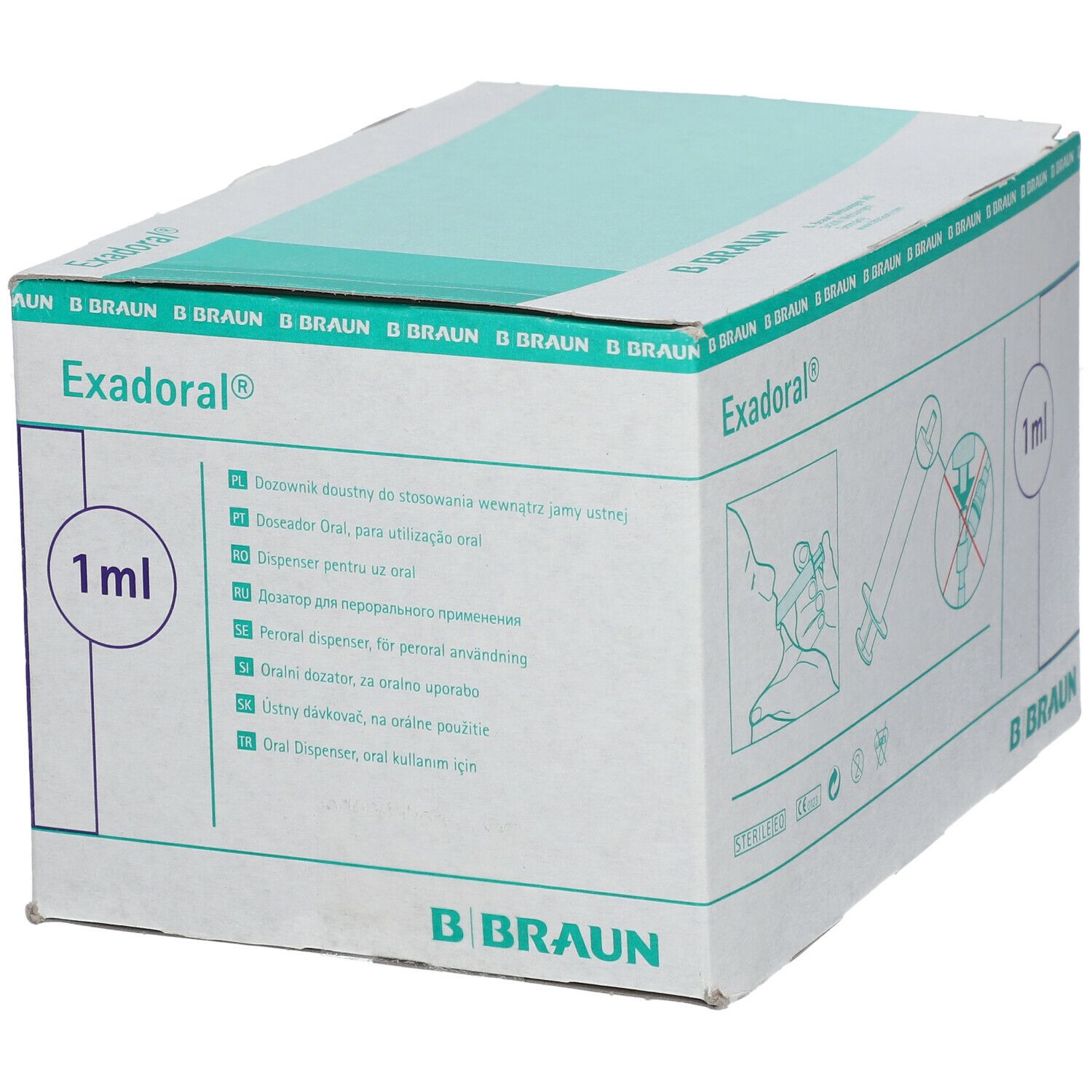 Scatola di siringhe Exadoral®. Scritte: 1 ml, B. Braun, pittogrammi. Confezione verde e bianca.