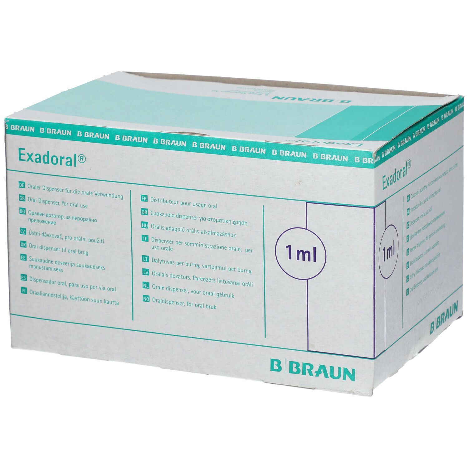 Scatola di siringhe Exadoral®. Scritte: 1 ml, B. Braun, pittogrammi. Confezione verde e bianca.