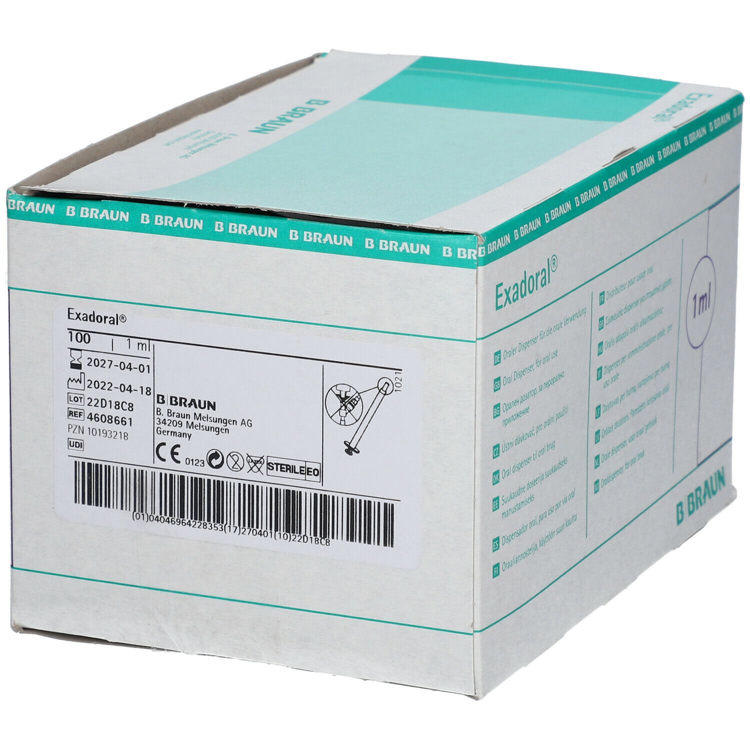 Scatola di siringhe Exadoral®. Scritte: 1 ml, B. Braun, numero di lotto. Confezione verde e bianca.