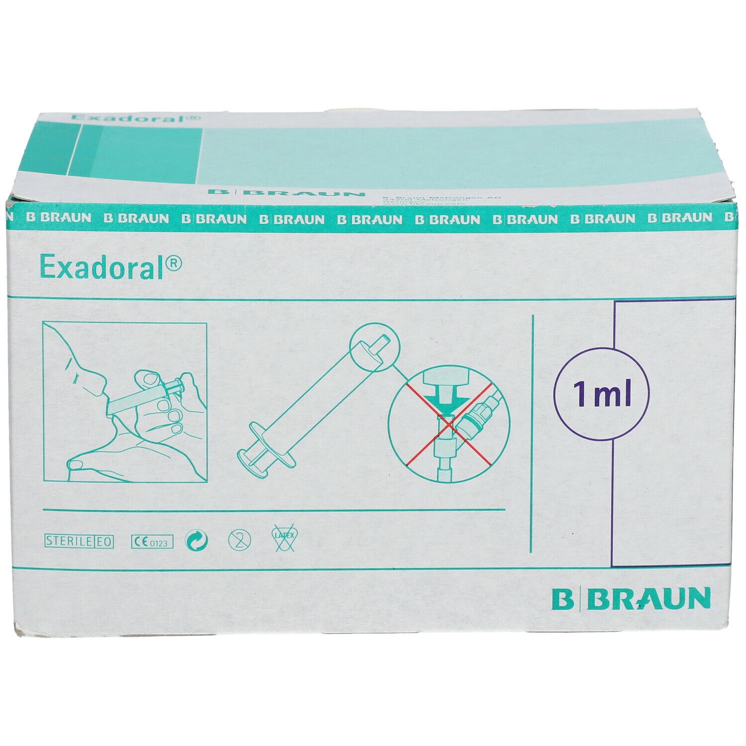Scatola di siringhe Exadoral®. Scritte: 1 ml, B. Braun, pittogrammi. Confezione verde e bianca.