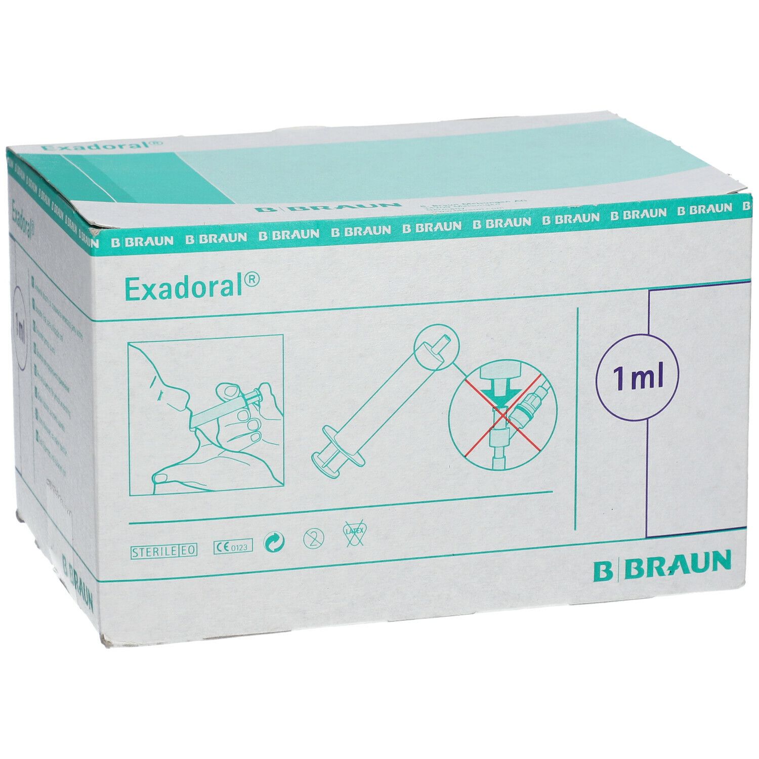 Scatola di siringhe Exadoral®. Scritte: 1 ml, B. Braun, pittogrammi. Confezione verde e bianca.