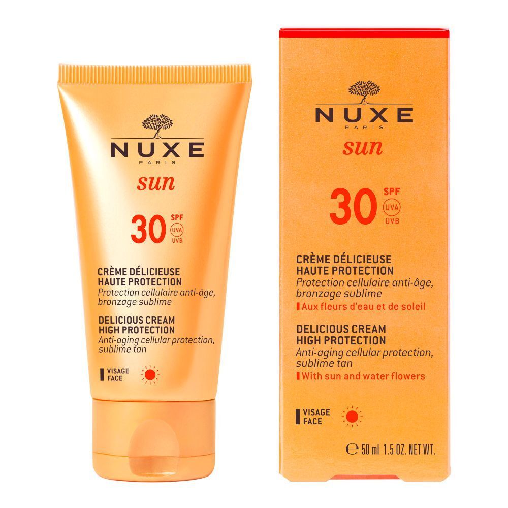 Tubo e scatola NUXE Sun SPF 30. Crème Délicieuse Haute Protection, Visage. Protezione solare.