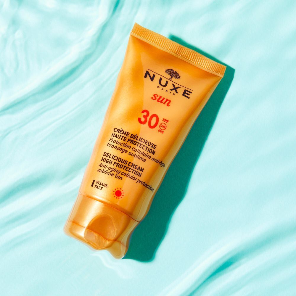 Tubo arancione NUXE Sun SPF 30. Crème Délicieuse Haute Protection, Visage. Protezione solare.
