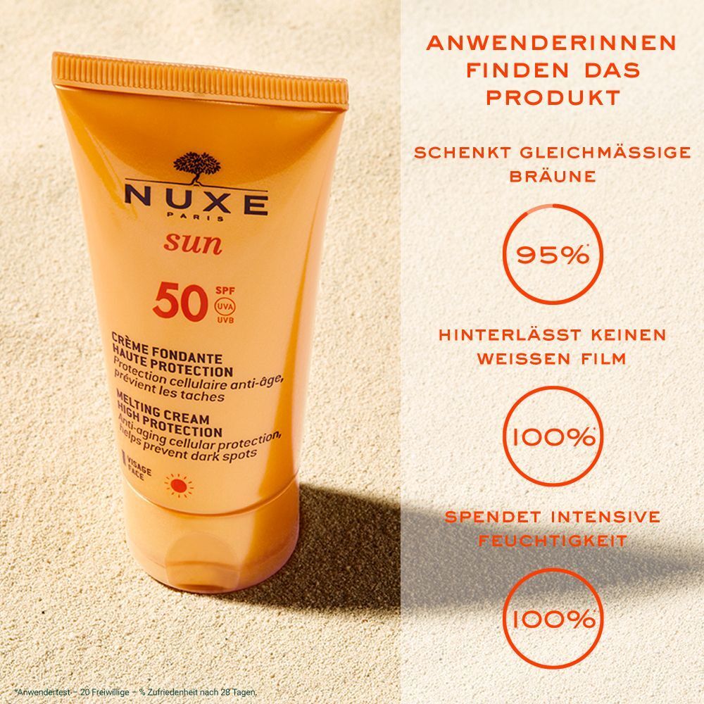 Tubo NUXE Sun crema solare SPF 50. Testo: Abbronzatura uniforme, non lascia residui bianchi, idrata intensamente.