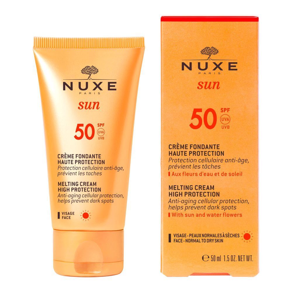 Tubo e scatola NUXE Sun crema solare SPF 50. Testo: Crème Fondante Haute Protection, Melting Cream High Protection.