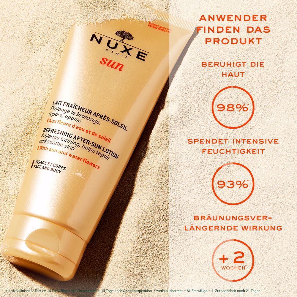 NUXE Sun Lait Fraîcheur Après-Soleil su sabbia. Testo: Lenisce la pelle, idrata, prolunga l'abbronzatura. Percentuali.