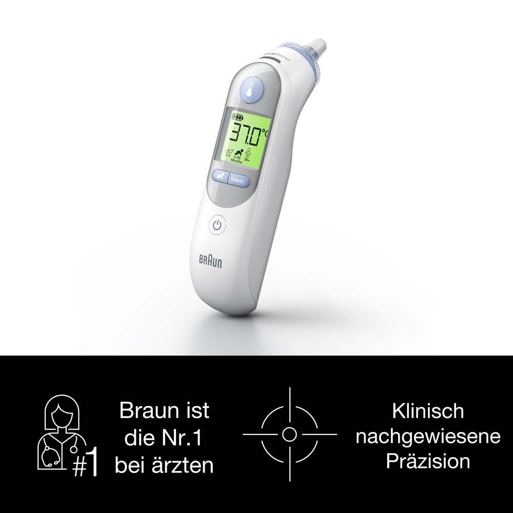 Termometro auricolare bianco con display. Marchio Braun. Mostra la temperatura. Testo: Braun è n.1 tra i medici. Precisione clinicamente provata.