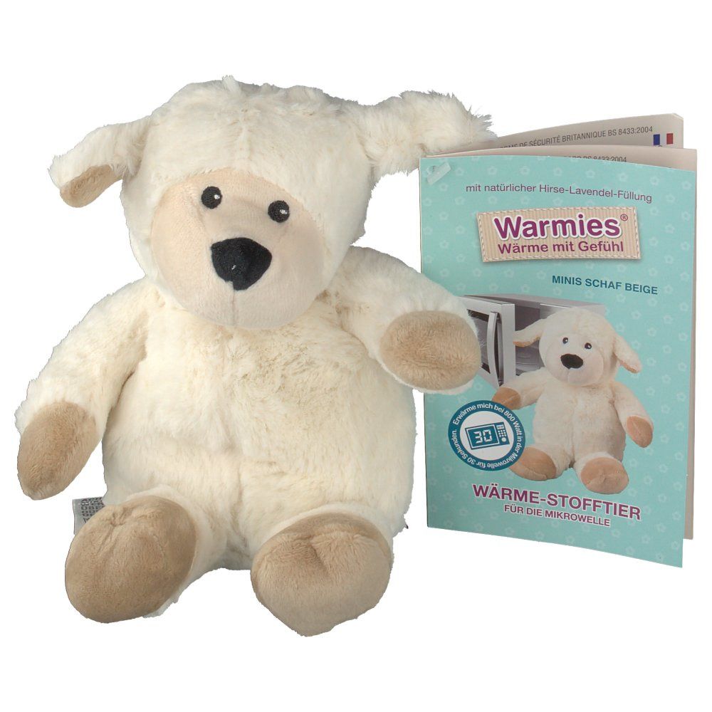 Pecora di peluche beige con etichetta e brochure. L'etichetta dice Warmies. Brochure con immagine del prodotto.
