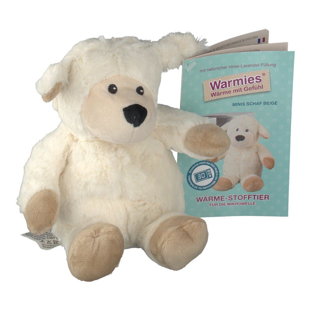Pecora di peluche beige con brochure. Brochure con immagine e testo del prodotto. Posizione seduta.