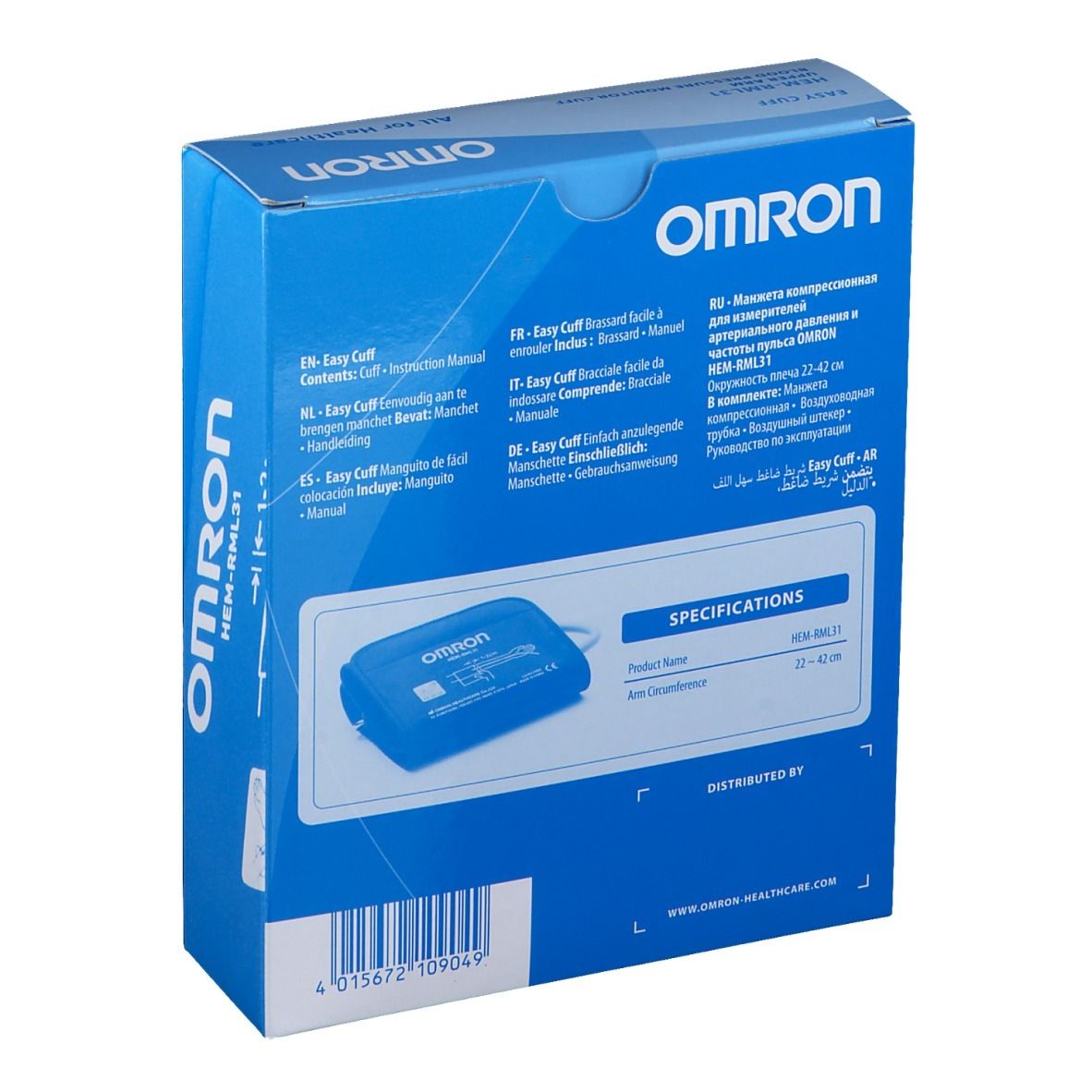 Retro della confezione. Logo OMRON. Nome prodotto HEM-RML31. Testo in più lingue. Specifiche e informazioni del produttore.