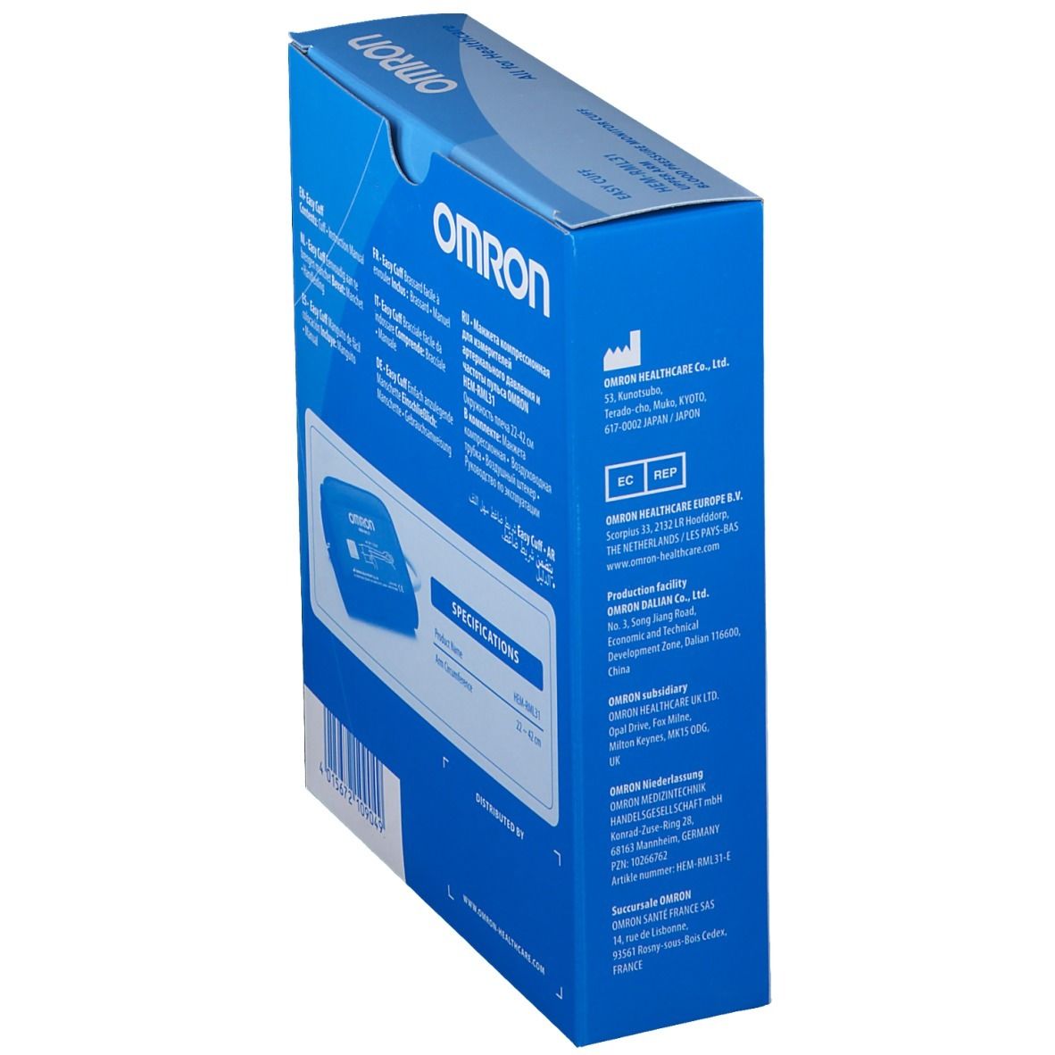 Vista laterale della confezione. Logo OMRON. Nome prodotto HEM-RML31. Informazioni del produttore e certificazioni.