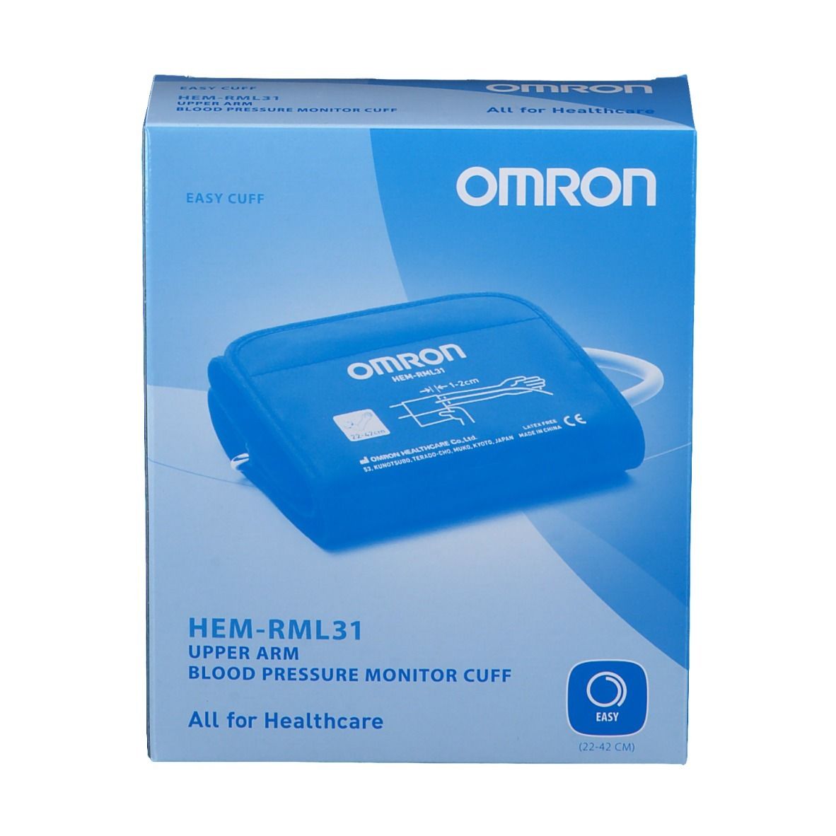 Scatola blu. Logo OMRON e nome prodotto HEM-RML31. Bracciale raffigurato. Testo: Upper Arm Blood Pressure Monitor Cuff.