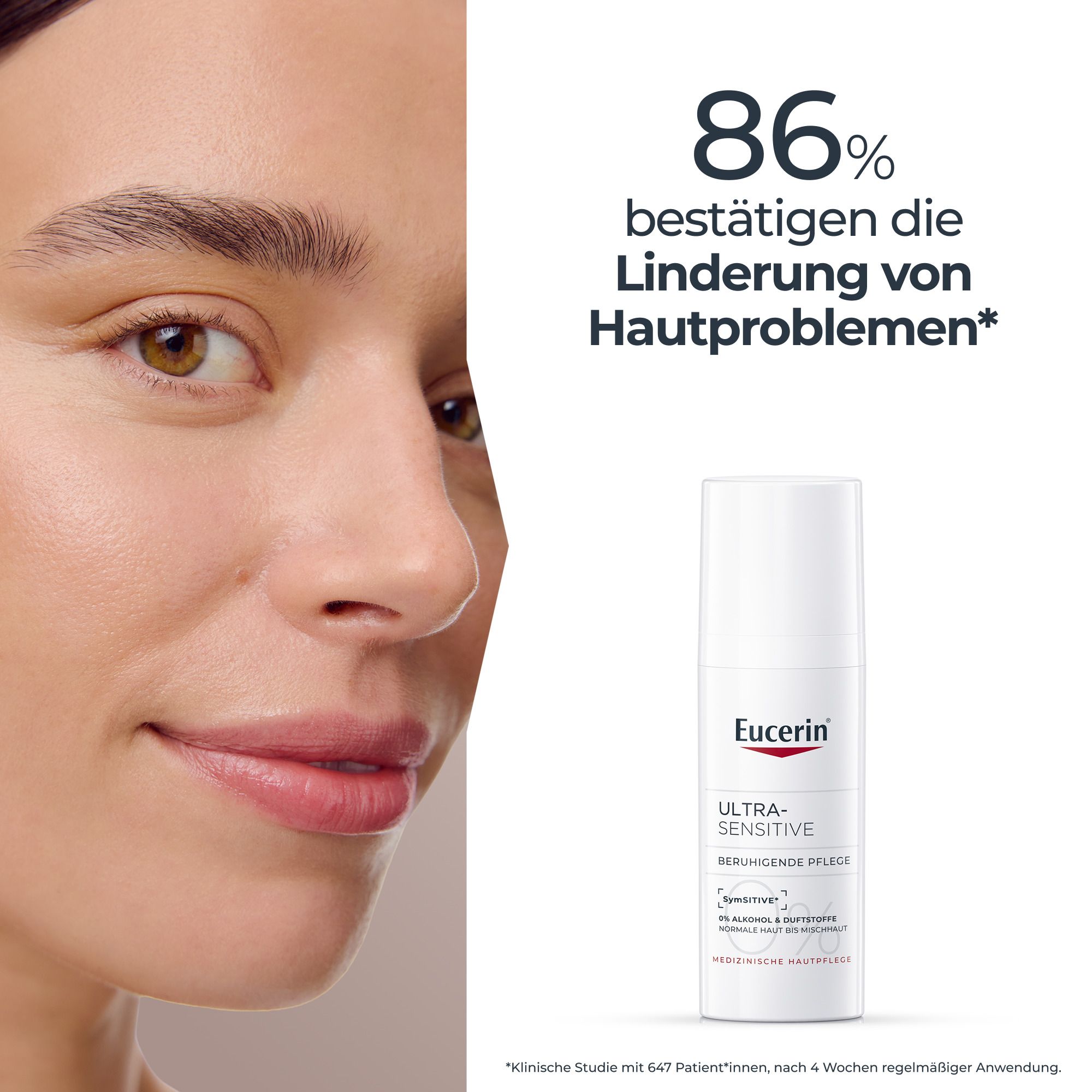Donna pelle liscia accanto al flacone Eucerin UltraSensitive Cura Lenitiva. 86% confermano sollievo.