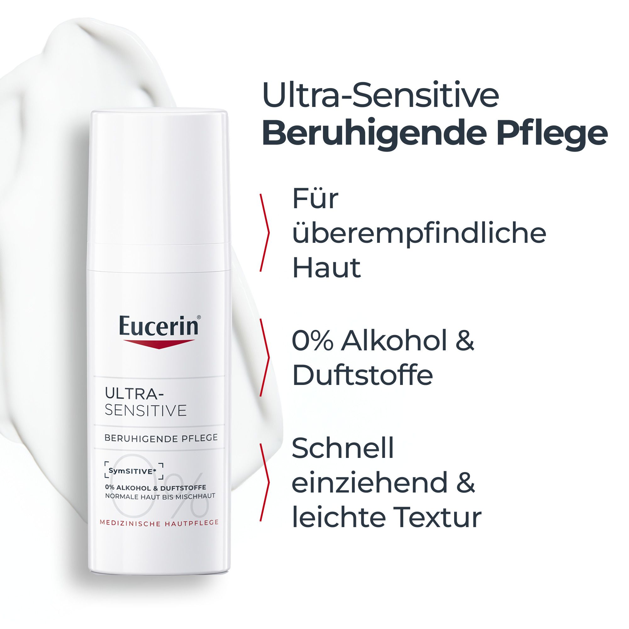 Eucerin UltraSensitive Cura Lenitiva: 0% alcol & profumo. Assorbimento rapido.