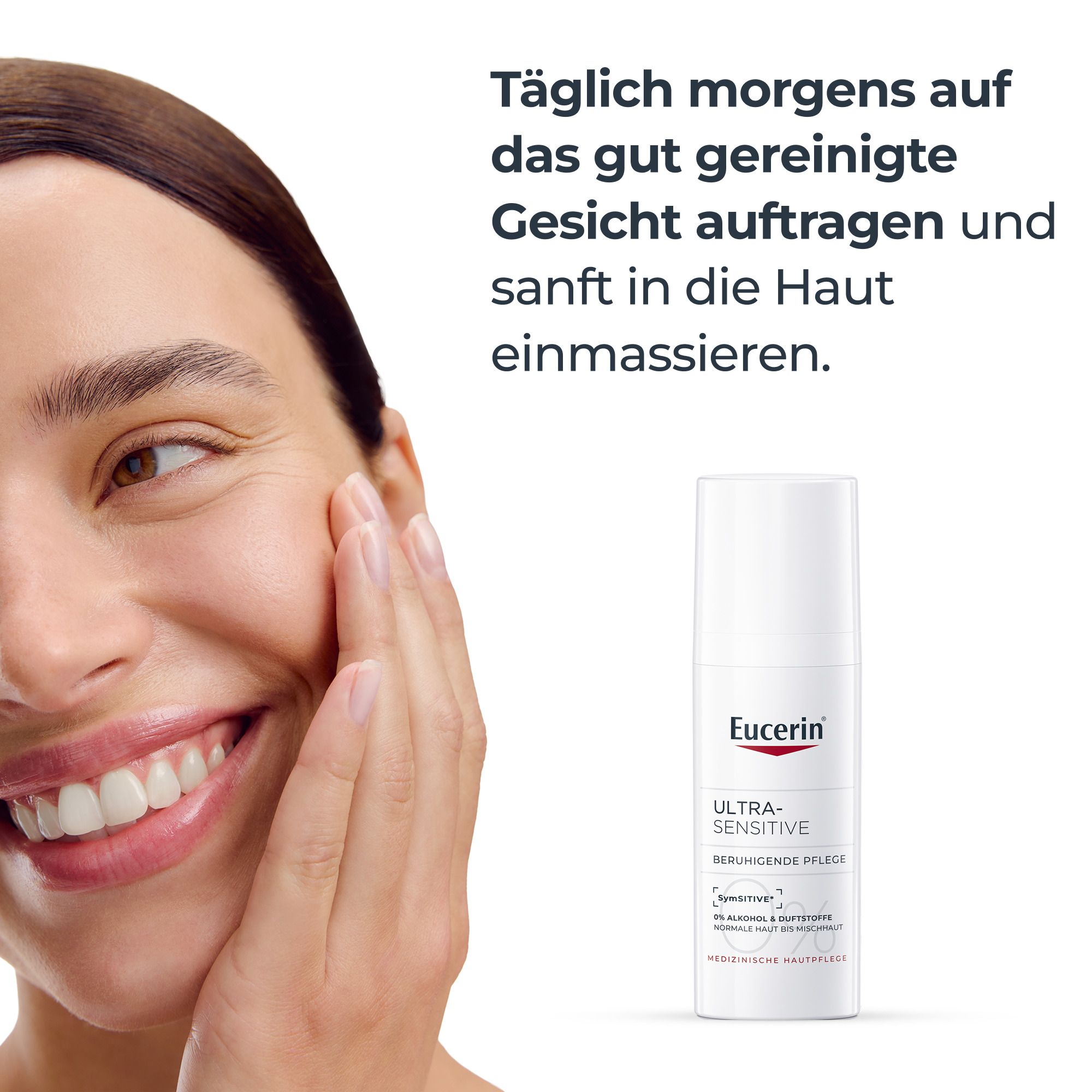 Donna applica Eucerin UltraSensitive Cura Lenitiva. Per il viso.