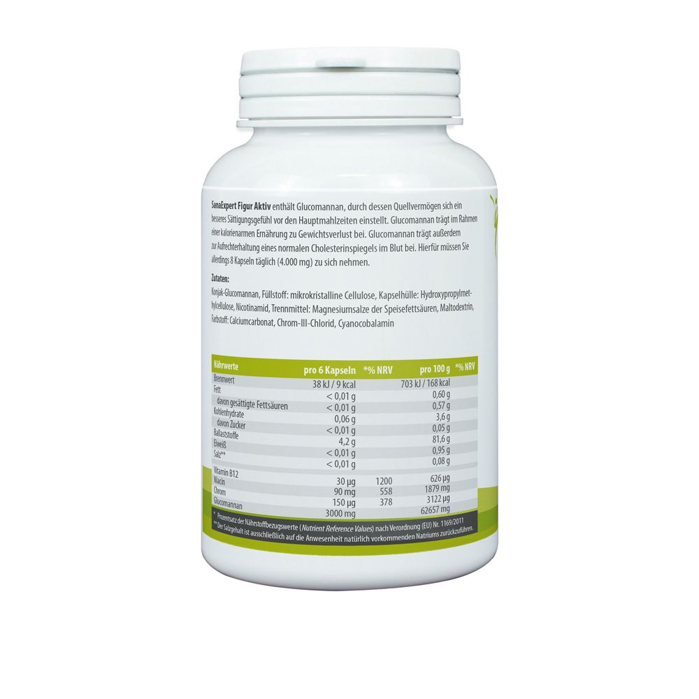 Retro del flacone bianco. Testo con informazioni nutrizionali e ingredienti. SanaExpert Figur Aktiv.