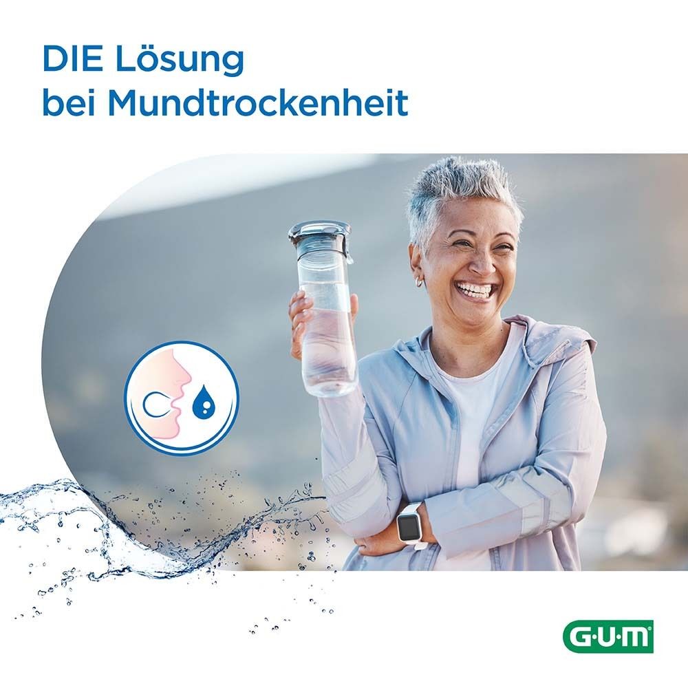 Donna con bottiglia d'acqua. Logo GUM. Testo: La soluzione per la bocca secca.