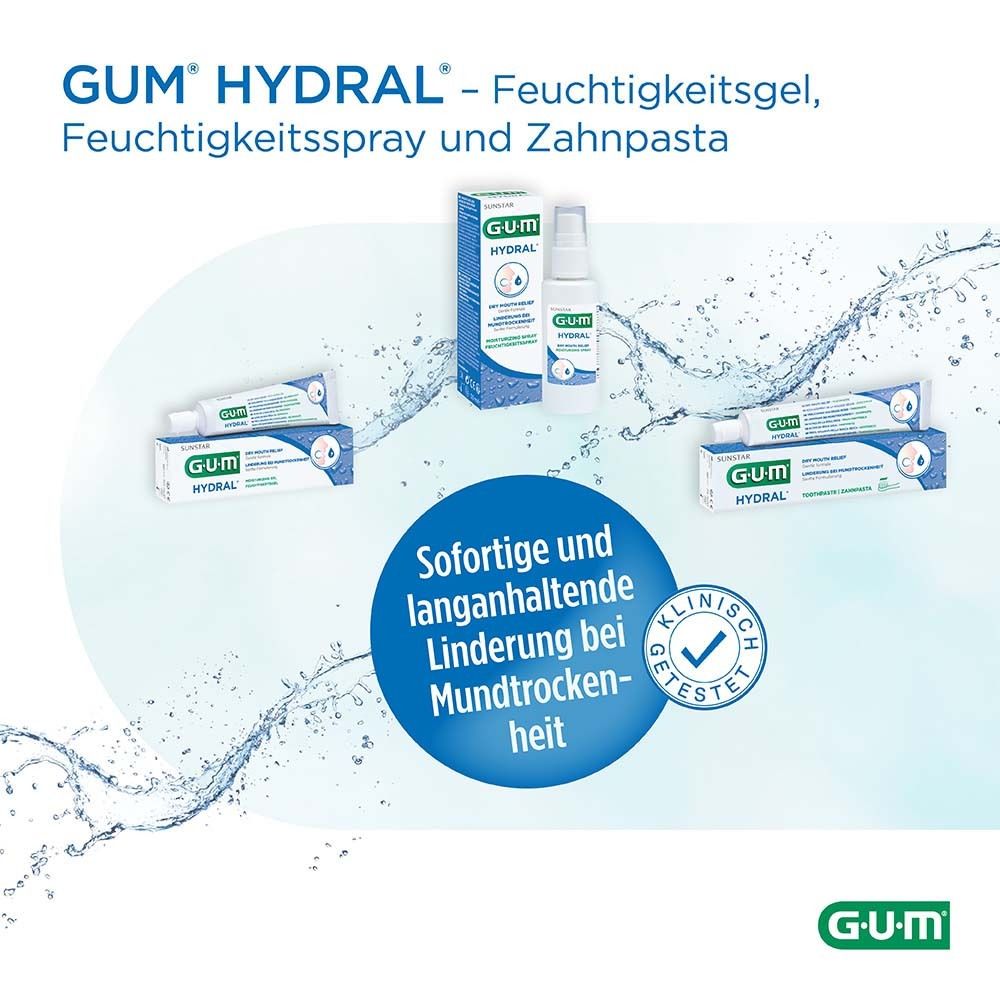 Prodotti GUM HYDRAL: gel, spray, dentifricio. Testo: Sollievo immediato e duraturo per la bocca secca.