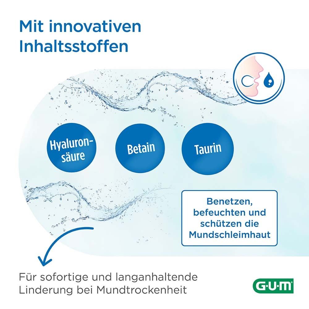 Grafica con acido ialuronico, betaina e taurina. Testo: Sollievo immediato e duraturo dalla secchezza della bocca.