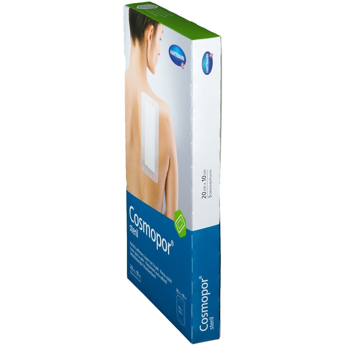 Vista laterale della confezione Cosmopor® steril. Sulla confezione è raffigurato un cerotto sulla schiena di una persona.