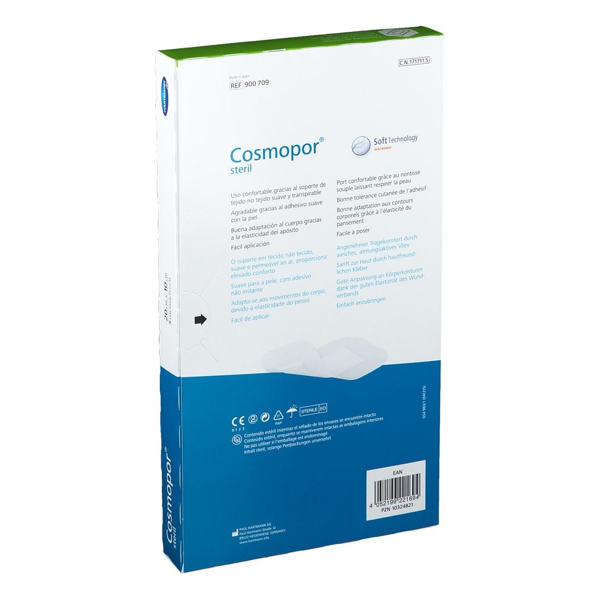 Retro della confezione Cosmopor® steril. Sono raffigurate informazioni e certificazioni.