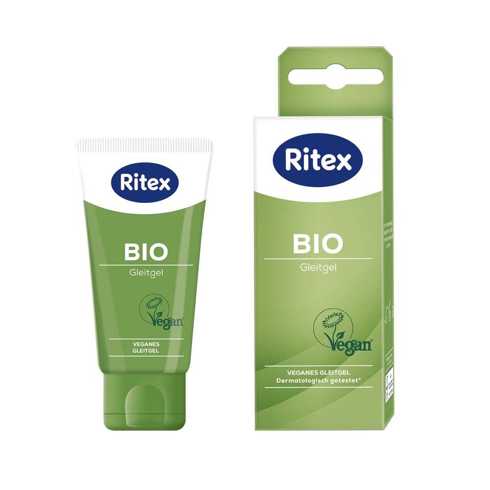 Tubo e confezione. Tubo: Ritex, BIO Gleitgel, sigillo Vegan. Confezione: Ritex, BIO Gleitgel, sigillo Vegan.