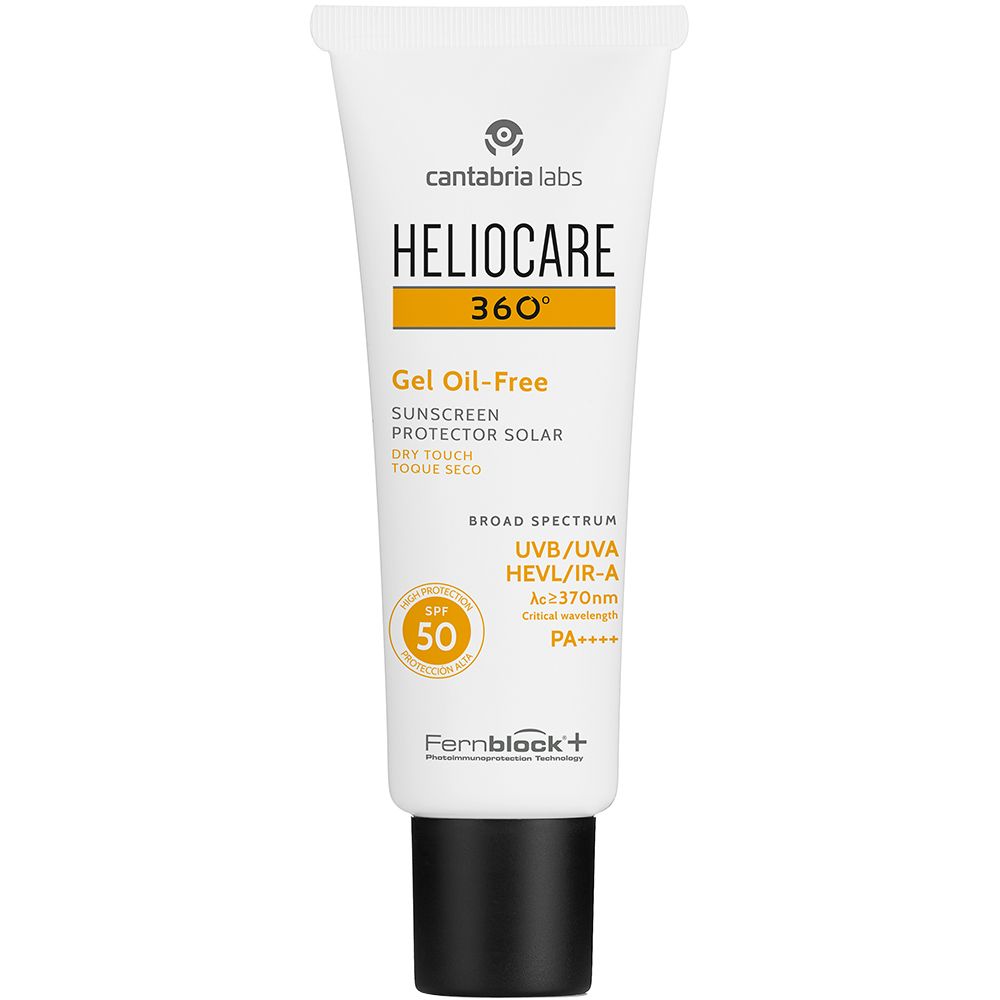 Tubo bianco con tappo nero. Scritta: HELIOCARE 360°, Gel Oil-Free, SPF 50. Loghi e testo in inglese e spagnolo.