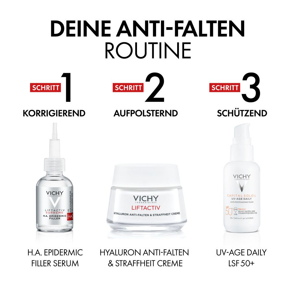 Tre prodotti: H.A. Epidermic Filler Serum, Hyaluron Anti-Falten & Straffheit Creme, UV-Age Daily LSF 50+.