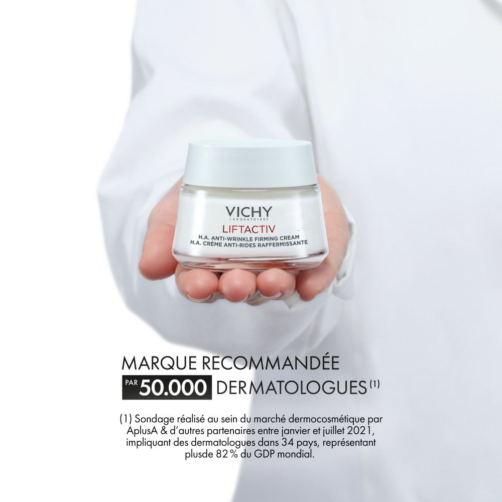 Crema Vichy Liftactiv. Testo: MARQUE RECOMMANDÉE PAR 50.000 DERMATOLOGUES (1).