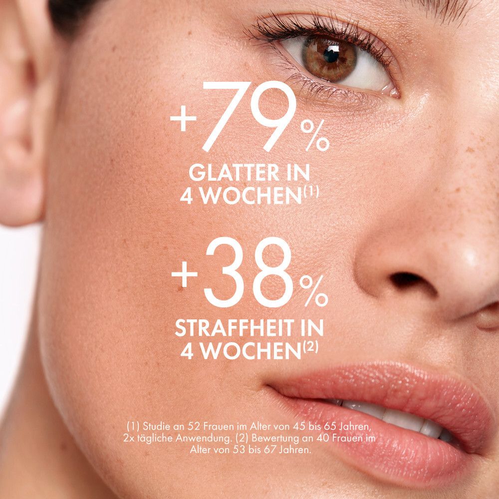 Viso di donna. Testo: +79% più liscio in 4 settimane. +38% di compattezza in 4 settimane. Studio su 52 donne.